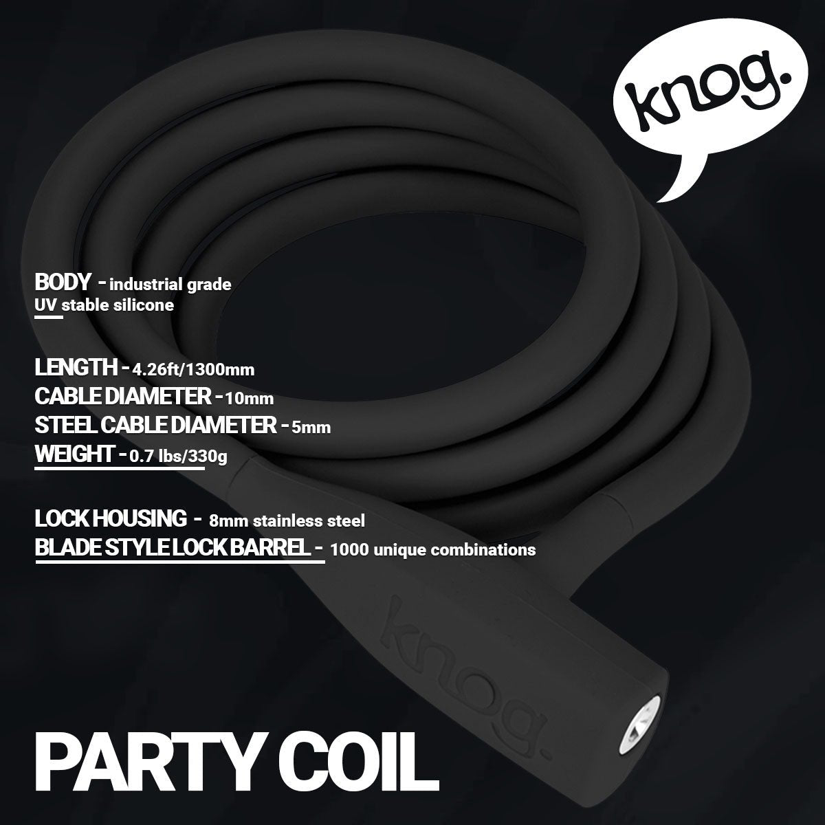 Knog Party Coil Bike Cable Lock - Coiled Security Lock w/Stainless Steel Shackle-Grape