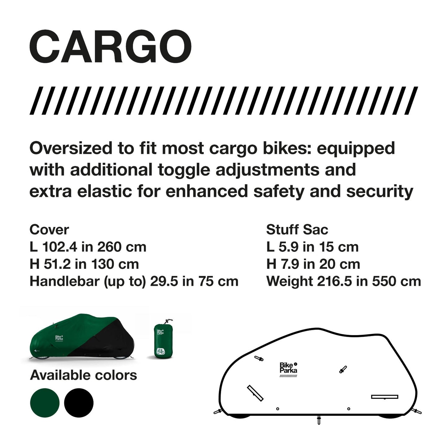 BikeParka Cargo Bike Cover - Waterproof Ripstop w/Lock Slots & Stuff Sac-Black