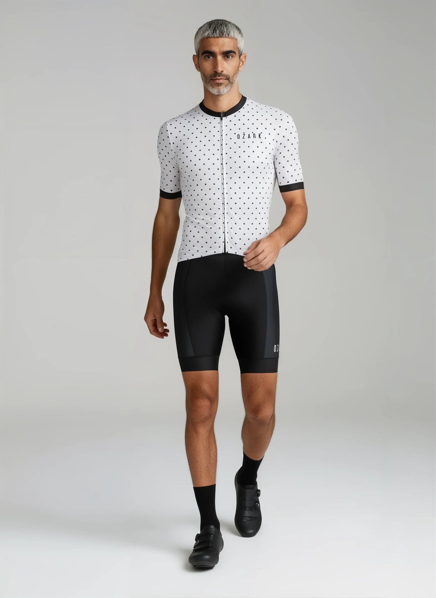 Ozark Cycling Men’s White Polka Dot Jersey – Performance Fit and Comfort with Four Pockets