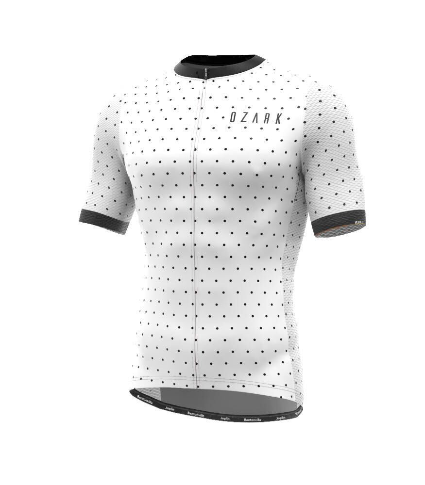 Ozark Cycling Men’s White Polka Dot Jersey – Performance Fit and Comfort with Four Pockets