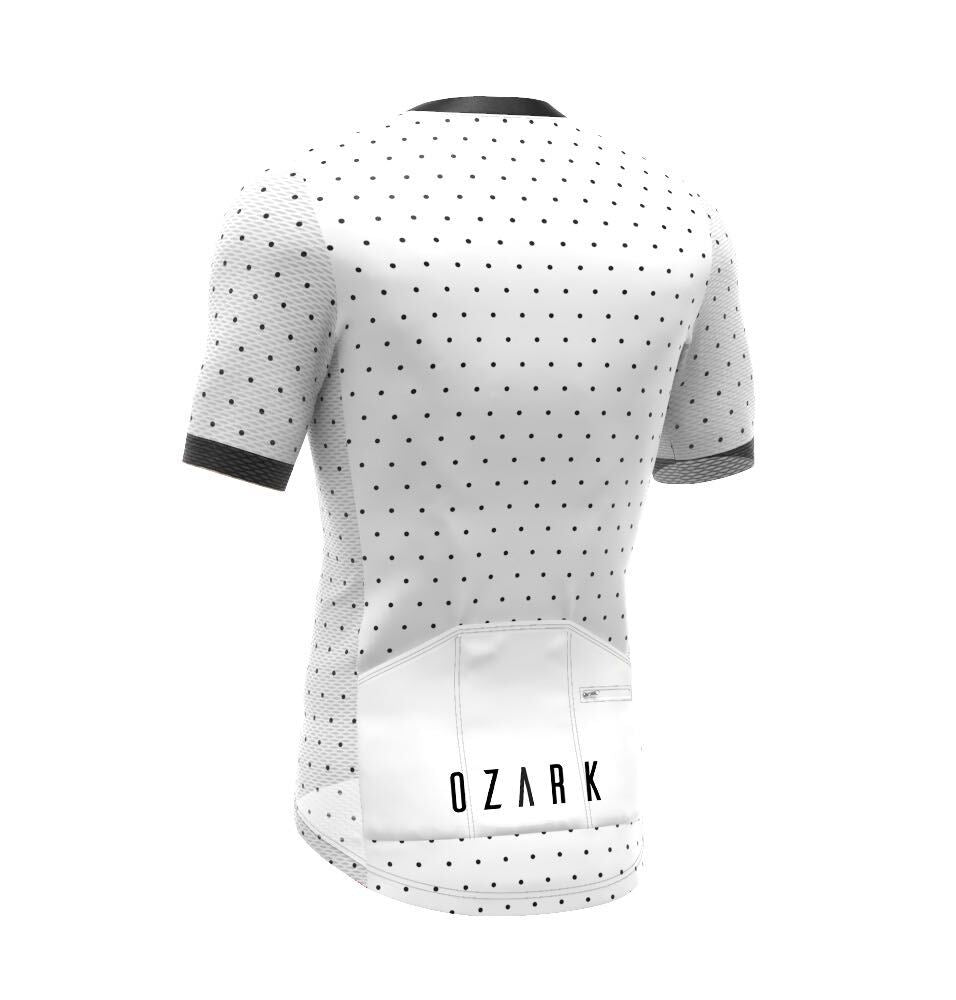 Ozark Cycling Men’s White Polka Dot Jersey – Performance Fit and Comfort with Four Pockets