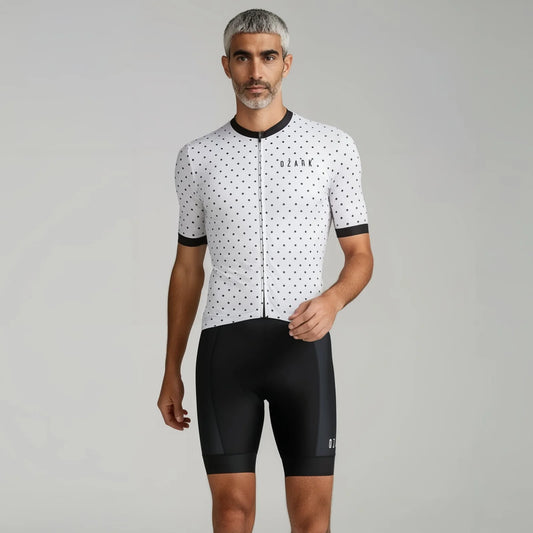 Ozark Cycling Men’s White Polka Dot Jersey – Performance Fit and Comfort with Four Pockets