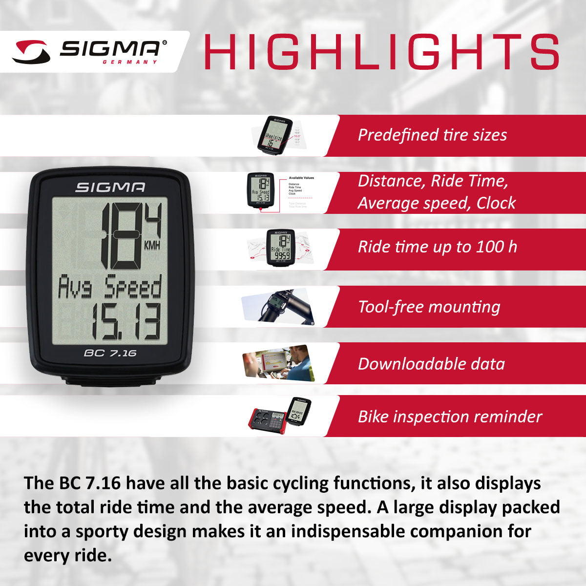 SIGMA Bicycle Computer - BC 7.16, Analogue Wireless