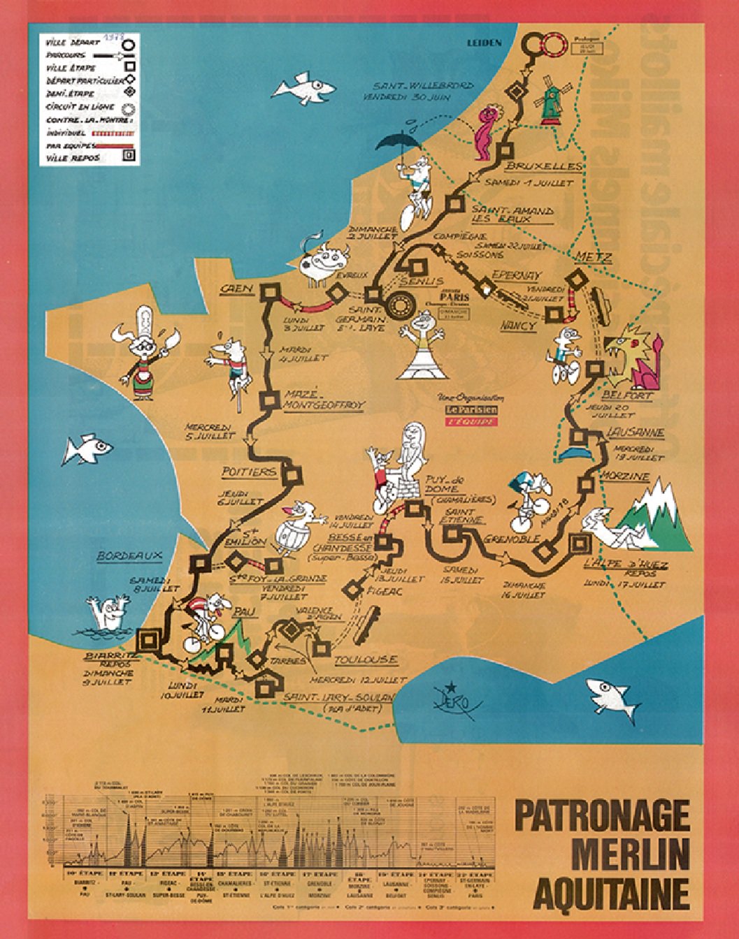 1978 Tour de France Map Reproduction Poster Bicycle Art 18 x 24