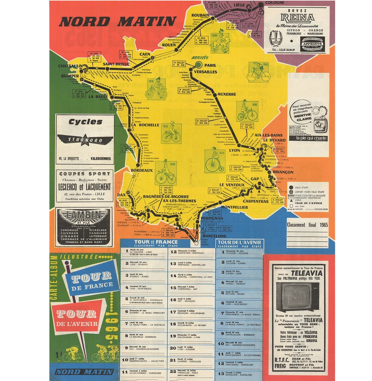 1980  Tour de France Map Poster Vintage Bike Art Reproduction Poster 18 x 24