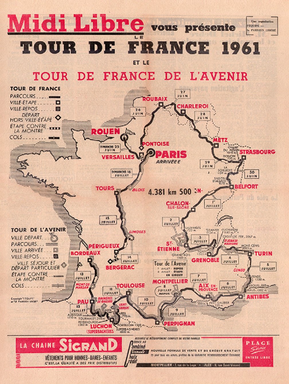 1961 Tour de France Map Reproduction Poster Bicycle Art 18 x 24