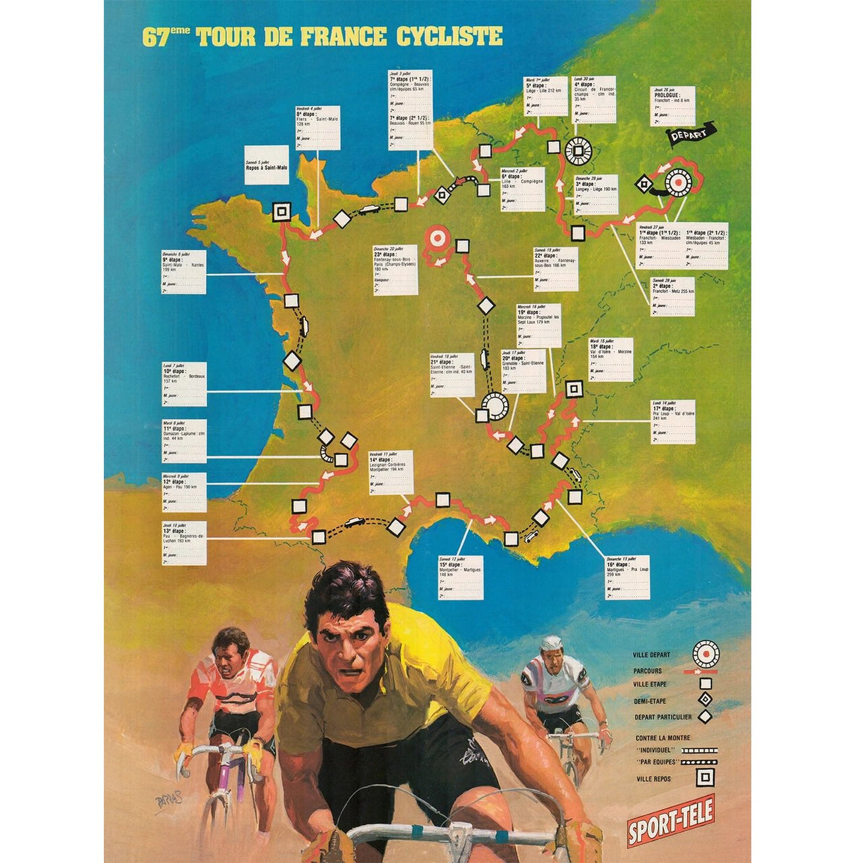 1980  Tour de France Map Poster Vintage Bike Art Reproduction Poster 18 x 24