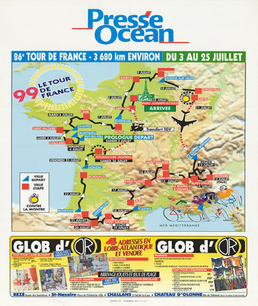 1999 Tour de France Map Reproduction Poster Bicycle Art 18 x 24