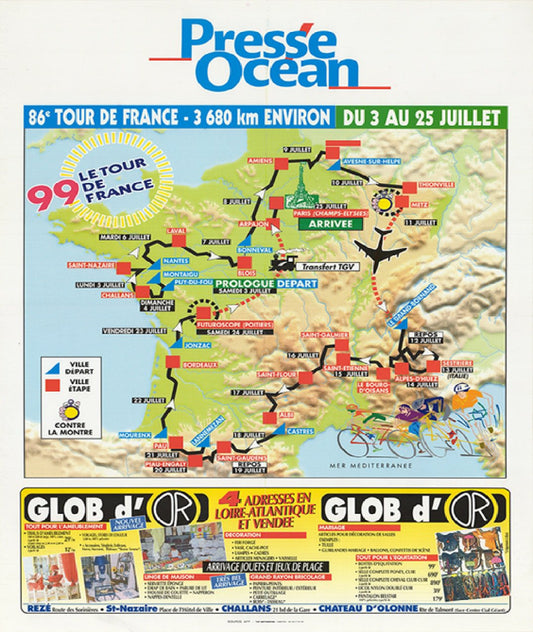 1999 Tour de France Map Reproduction Poster Bicycle Art 18 x 24