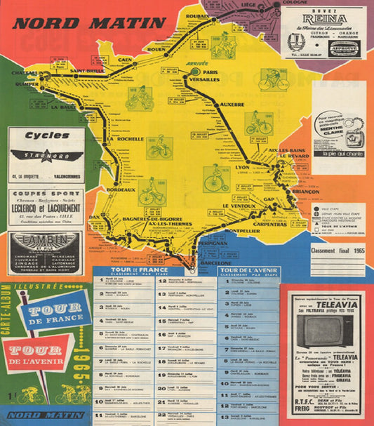 1965 Tour de France Map Reproduction Bicycle Poster 18" x 24" TDF