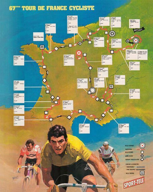 1980 Tour de France Map Reproduction Bicycle Poster 18" x 24" TDF