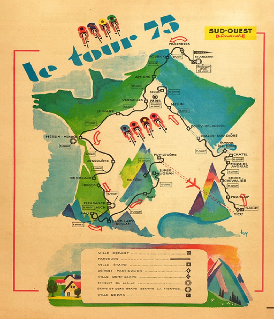 1975 Tour de France Map Reproduction Poster Bicycle Art 18 x 24