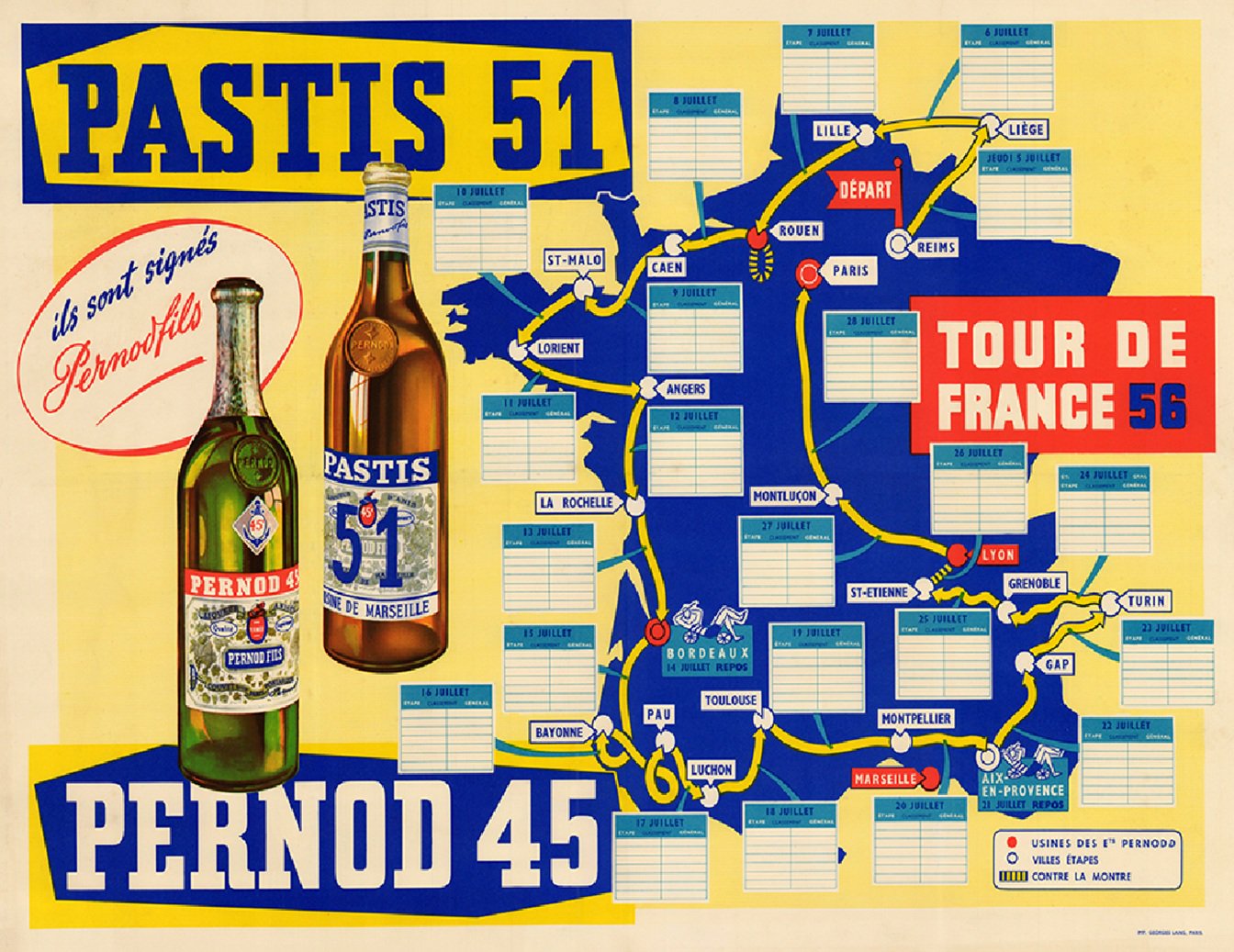 1956 Tour de France Map Pernod Reproduction Poster Bicycle Art 18 x 24