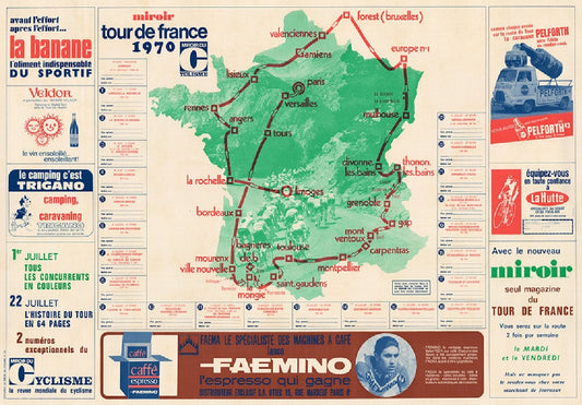 1970 Tour De France Route Map Reproduction Bicycle Poster