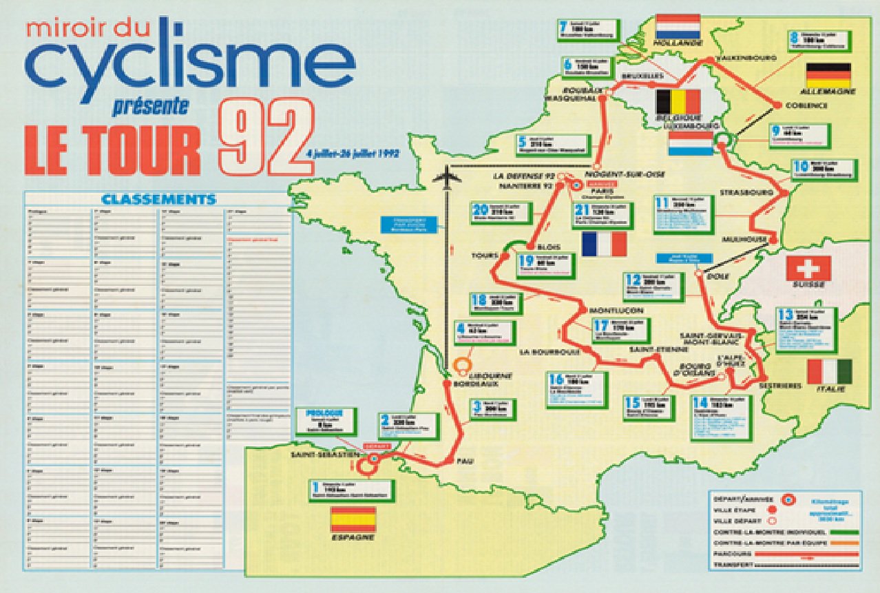 1992 Tour de France Map Reproduction Bicycle Poster 18" x 24" TDF