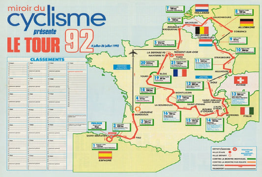 1992 Tour de France Map Reproduction Bicycle Poster 18" x 24" TDF