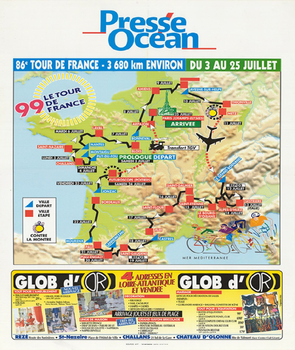 1999 Tour de France Map Reproduction Poster Bicycle Art 18 x 24