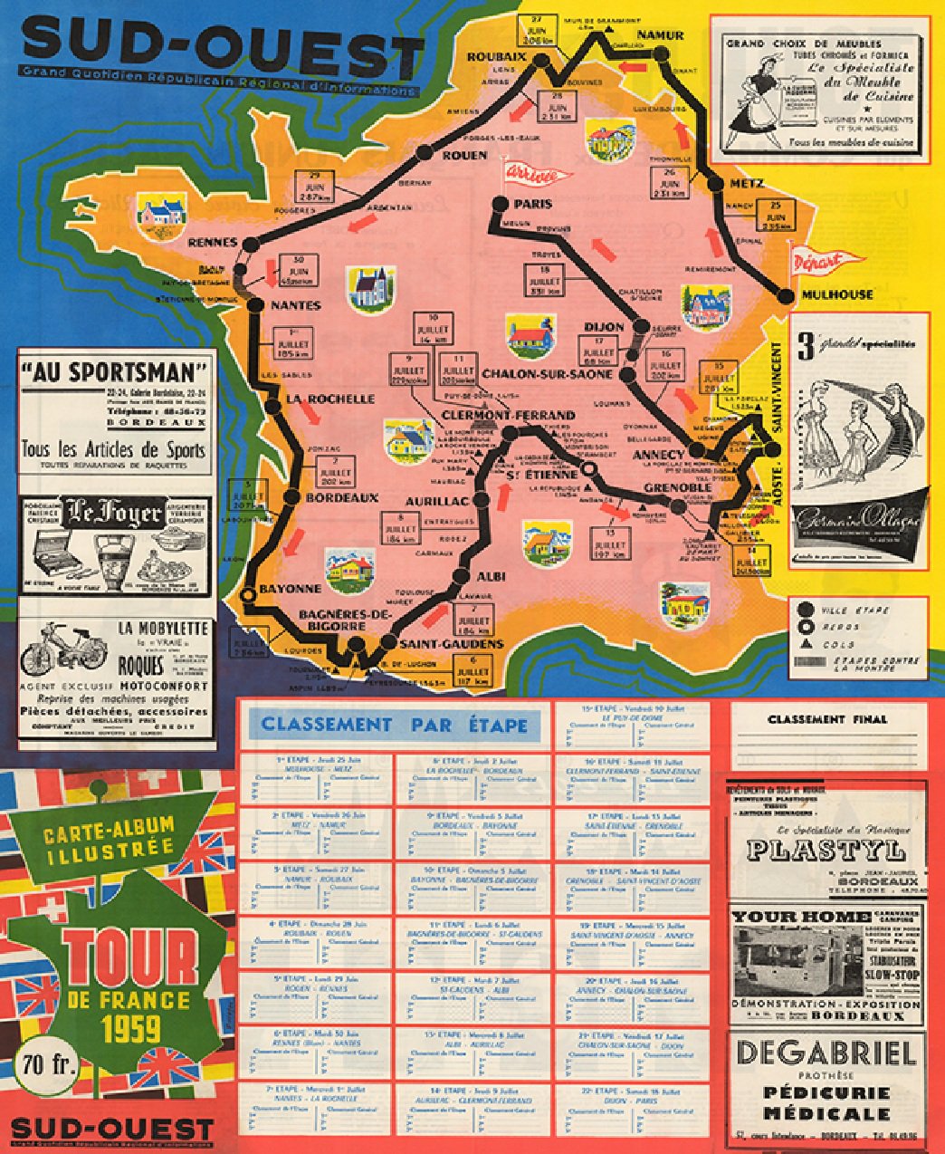 1959 Tour de France Map Reproduction Poster Bicycle Art 18 x 24