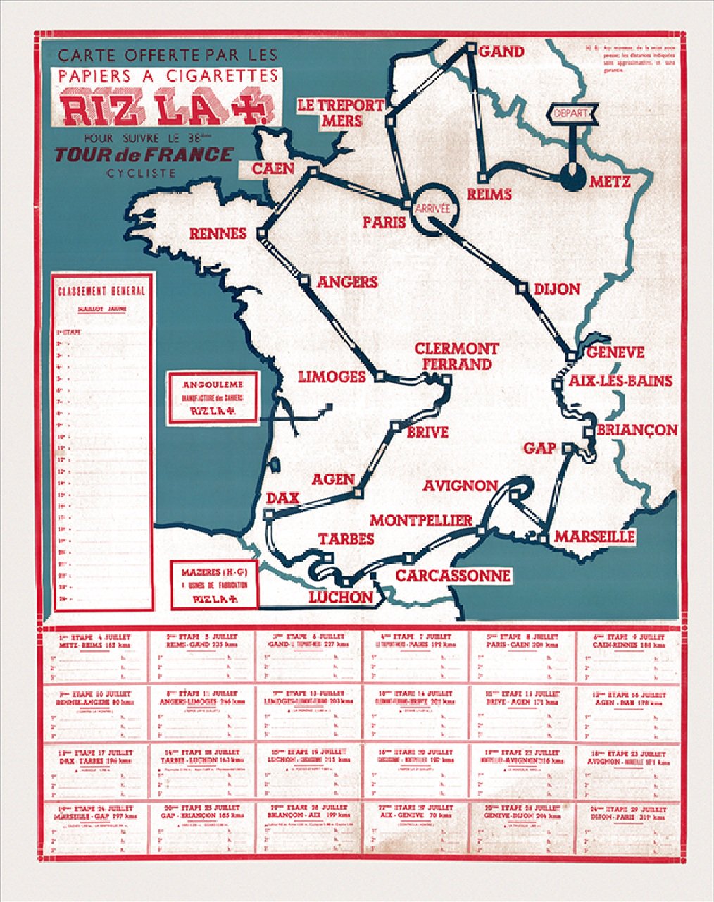 1951 Tour de France Map Reproduction Poster Bicycle Art 18 x 24