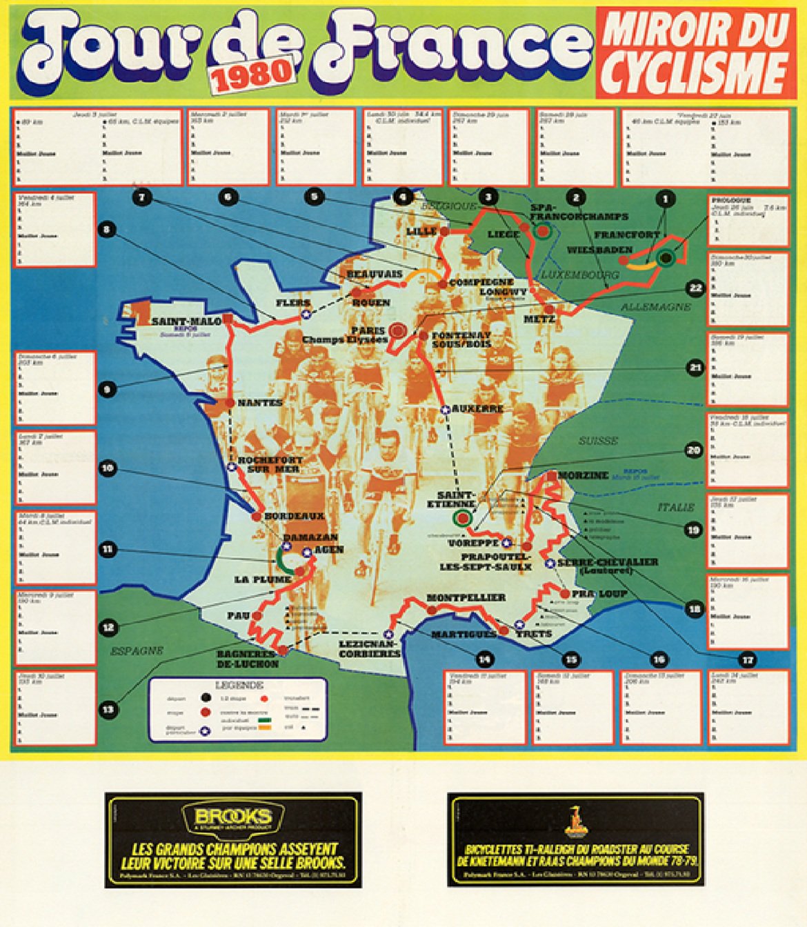 1980 Tour de France Map Reproduction Poster Bike Art
