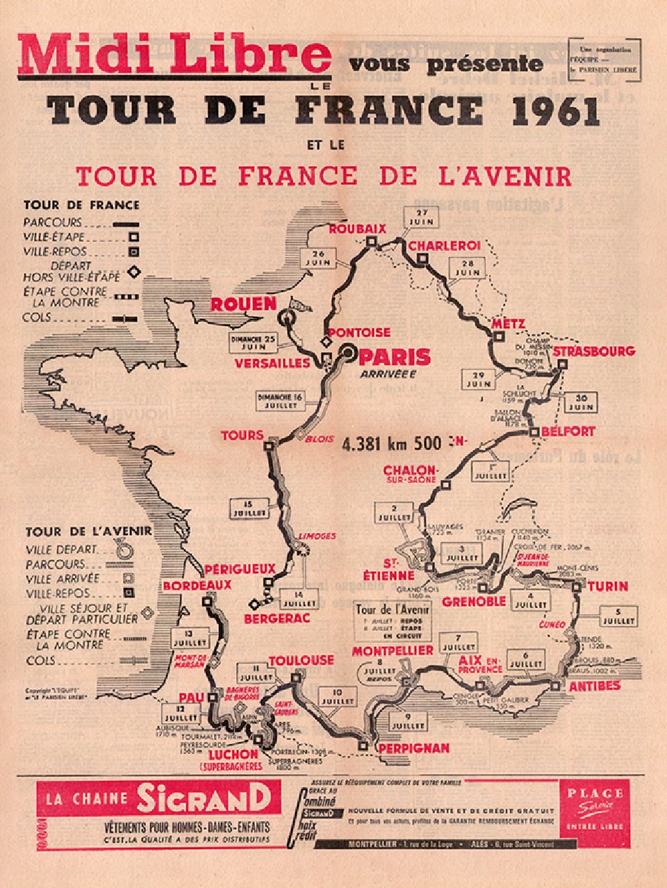 1961 Tour de France Map Reproduction Poster Bicycle Art 18 x 24