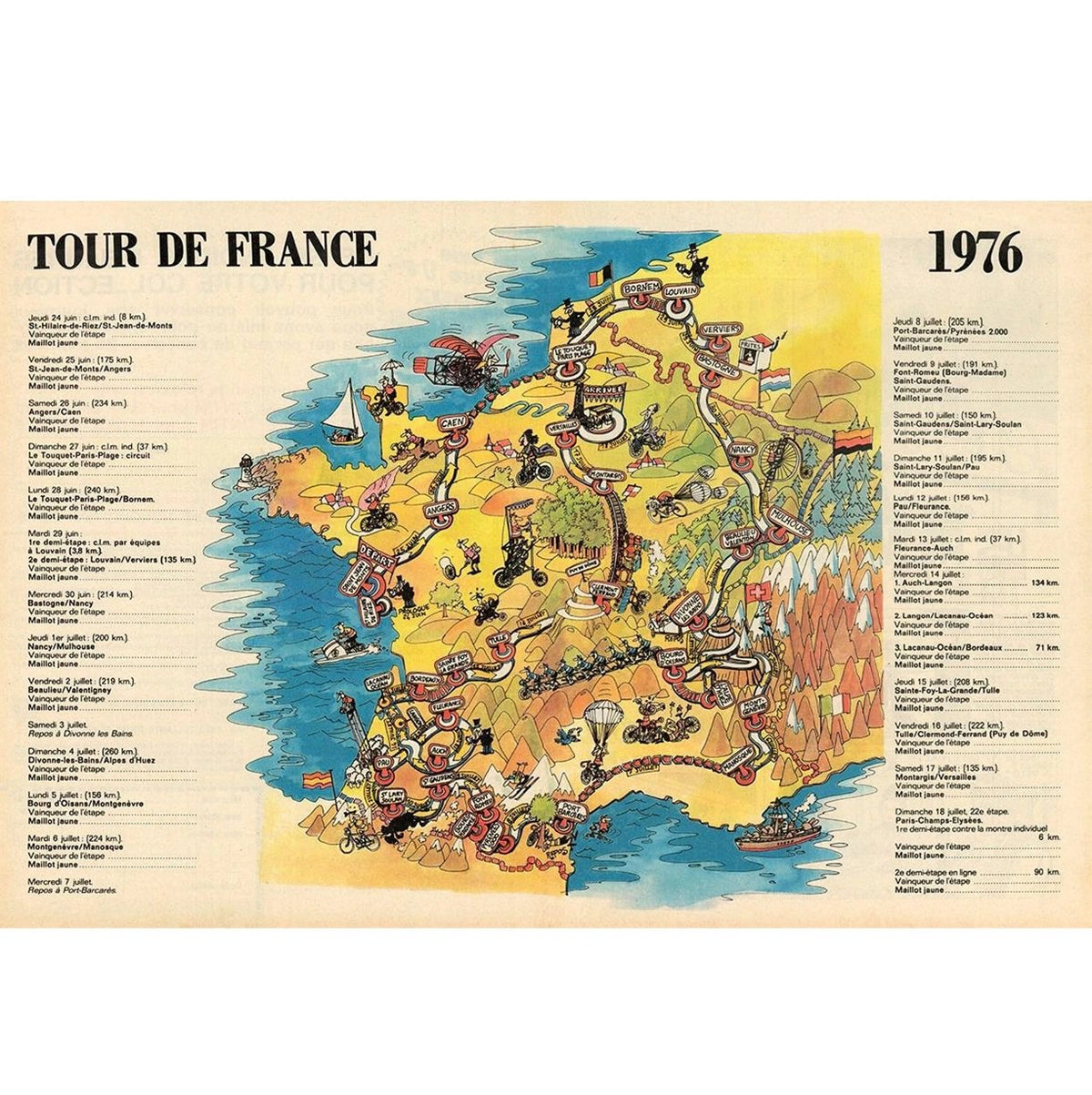 1976 Tour de France Map Poster Vintage Bike Art Reproduction Poster 18 x 24
