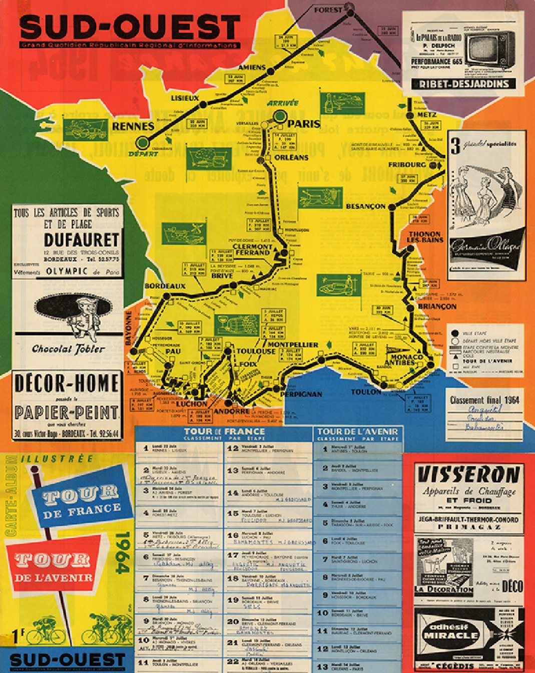 1964 Tour de France Map Reproduction Poster Bicycle Art 18 x 24