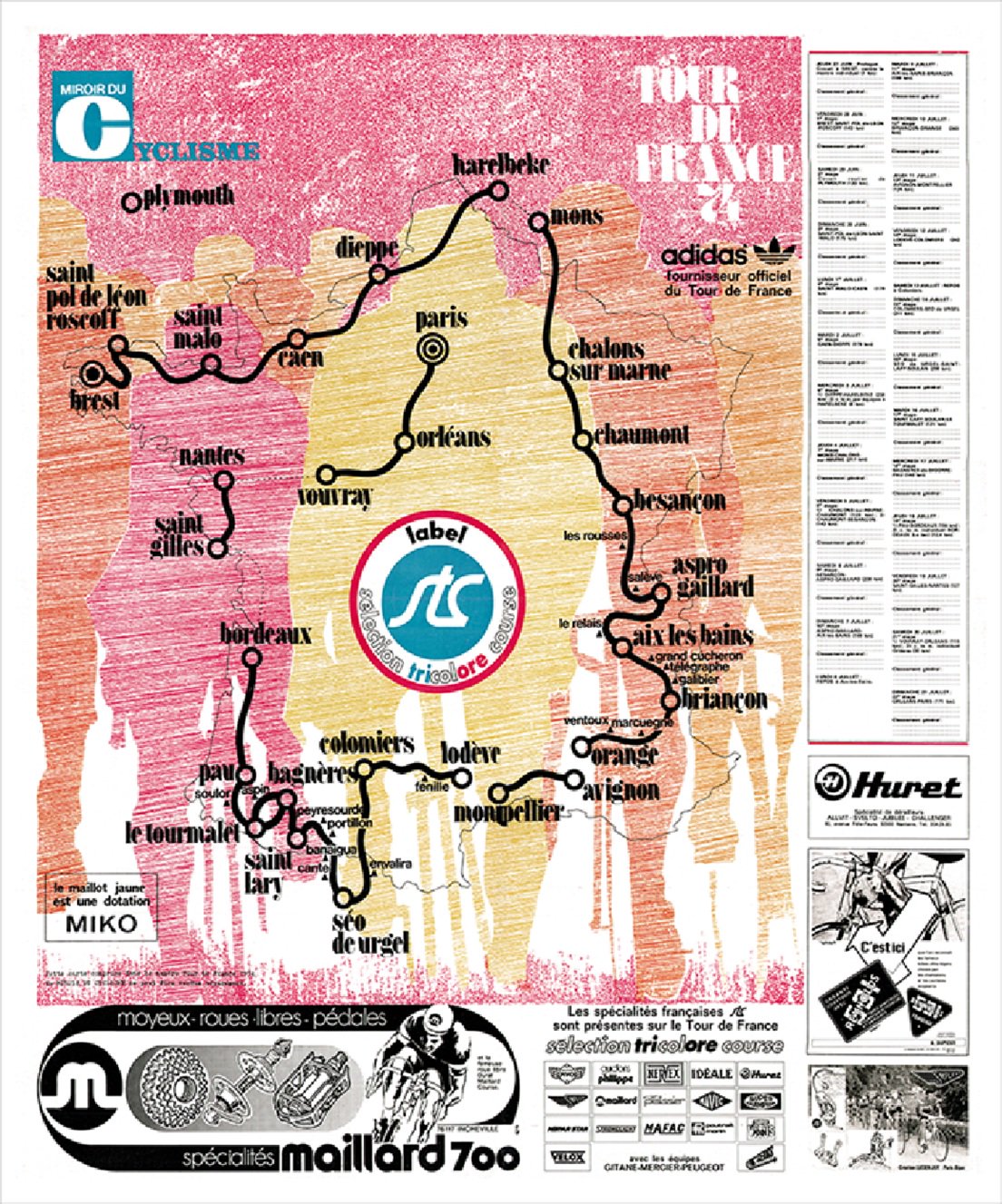 1974 Tour de France Map Reproduction Poster Bicycle Art 18 x 24