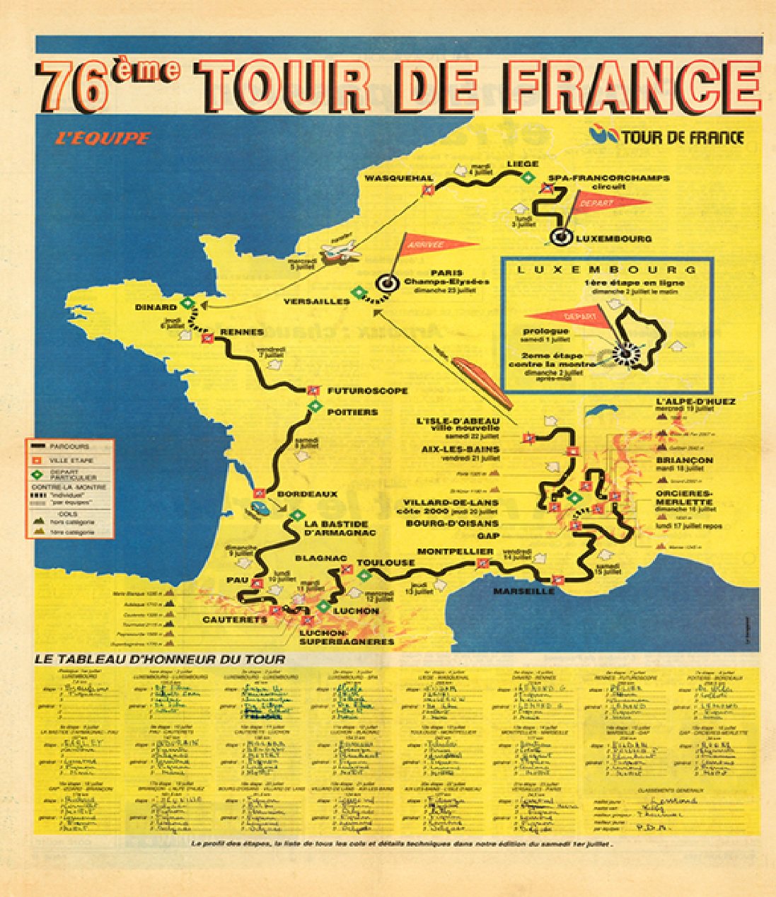 1989 Tour de France Map Reproduction Poster Bicycle Art 18 x 24