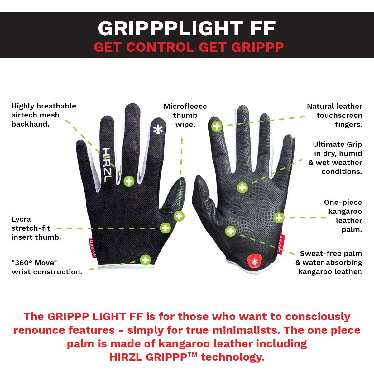 HIRZL - GRIPPP LIGHT FF -Full Finger MTB Bike Gloves Black/Black