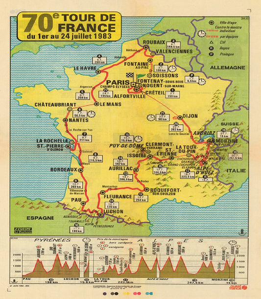1983 Tour de France Souvenir Map Poster Bicycle Art 18 x 24