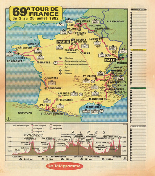 1982 Tour de France Map Reproduction Bicycle Poster 18" x 24" TDF