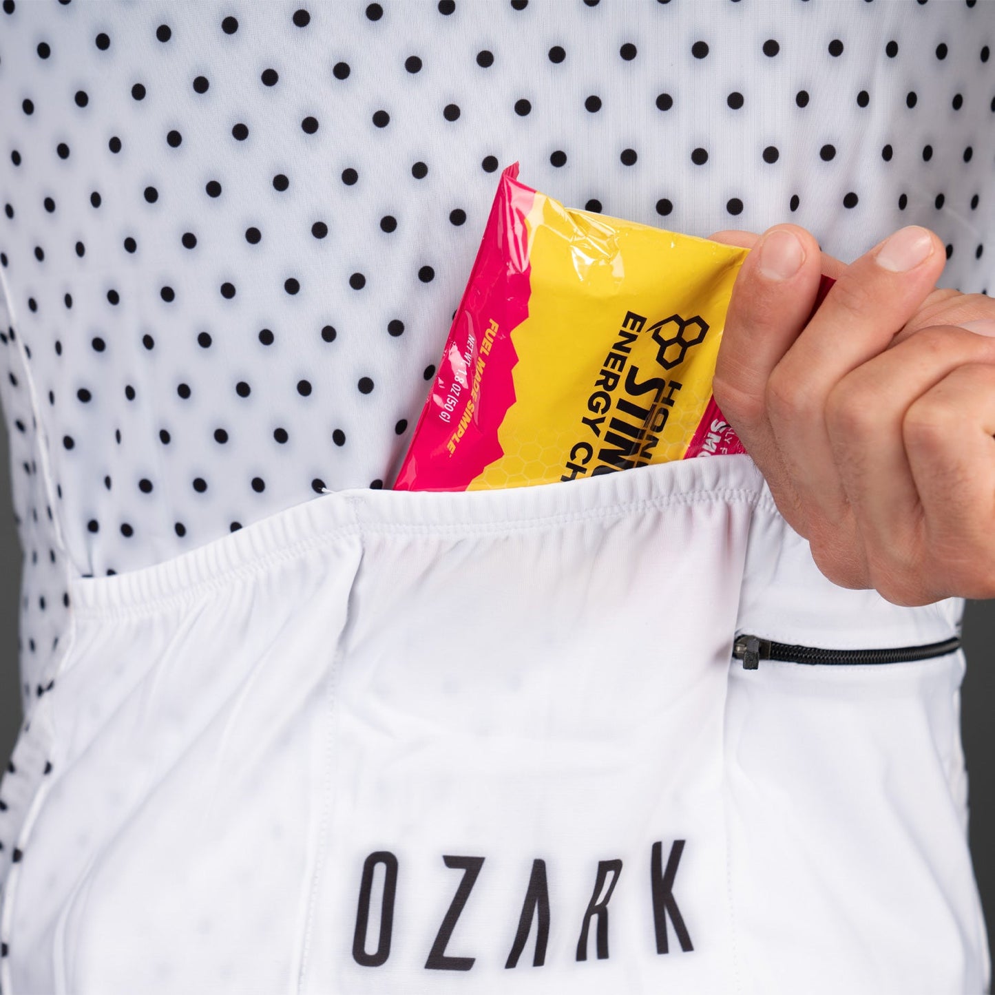 Ozark Cycling Men’s White Polka Dot Jersey – Performance Fit and Comfort with Four Pockets